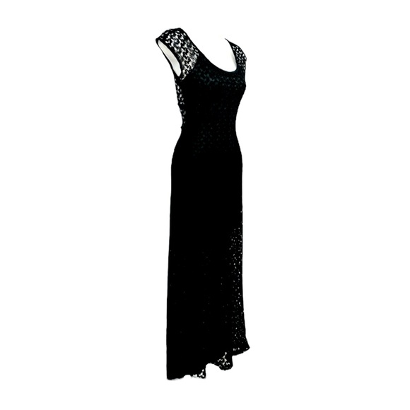 Knit Mesh Maxi Dress Black full length crew neck open back - Picture 2 of 4